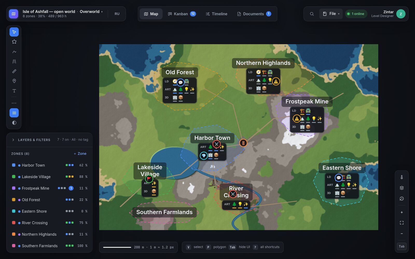 A game level map with outlined zones, each showing readiness icons per department
