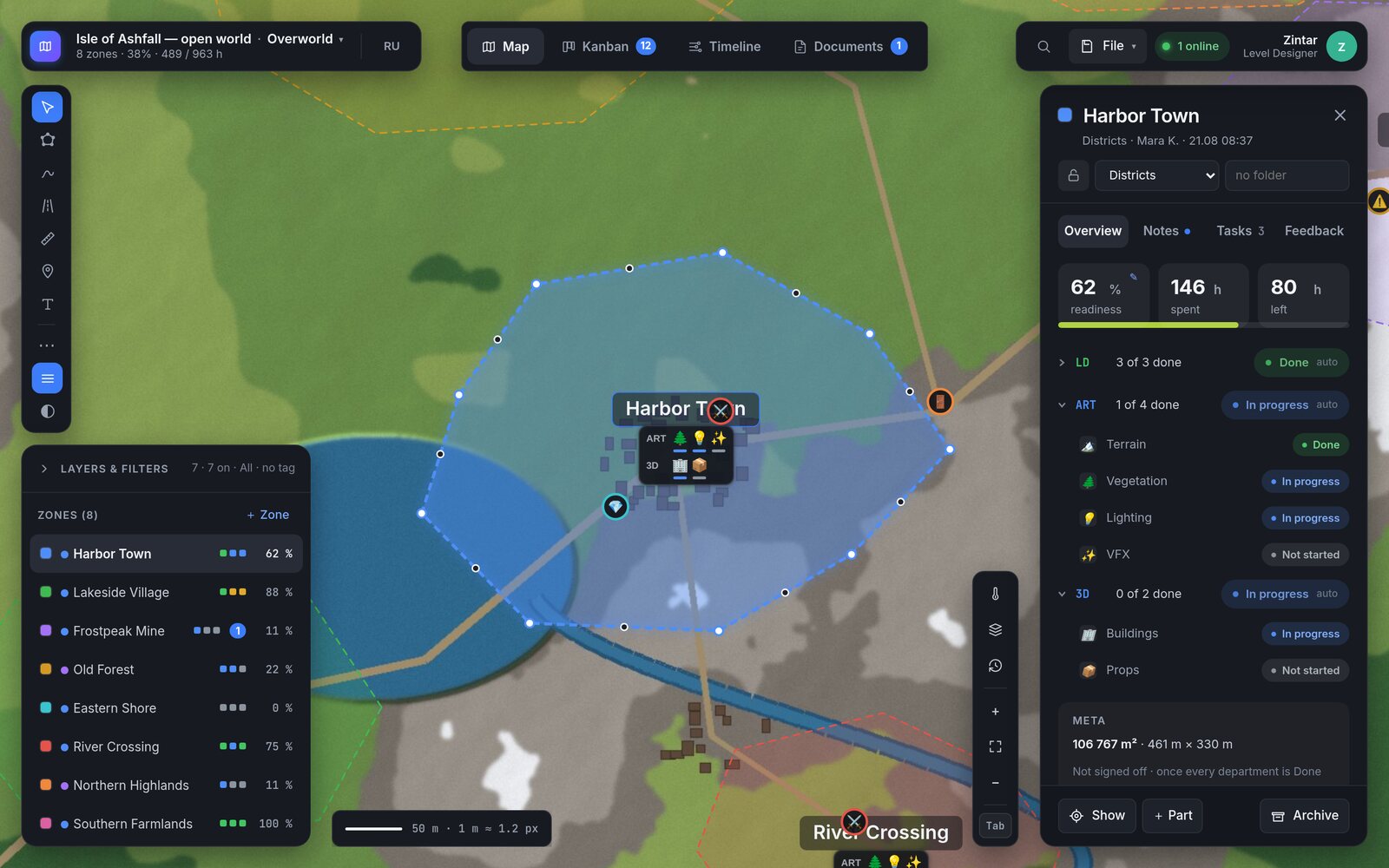 Zone card: readiness tiles, per-department status pills, responsible people and tags